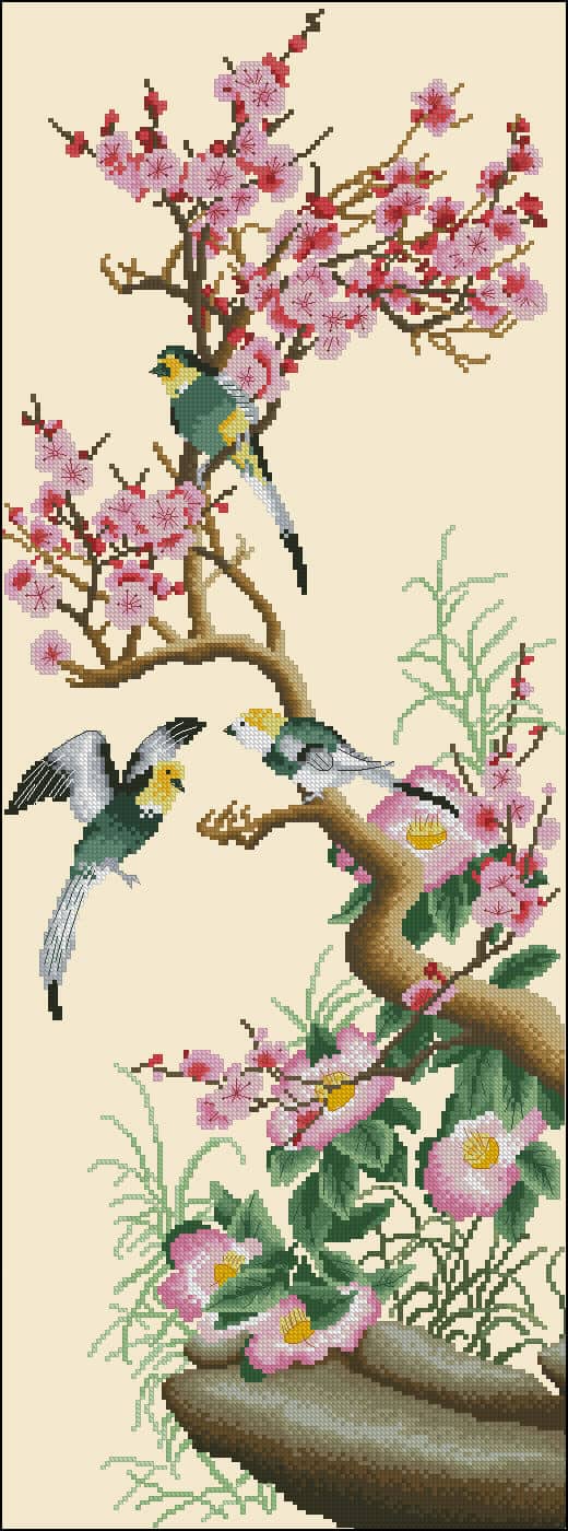 coss stitch design Branch of sakura and birds