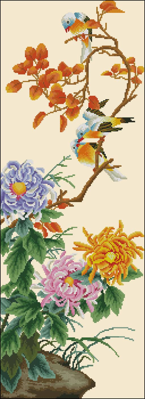 chrysanthemum-and-birds-free cross-stitch pattern