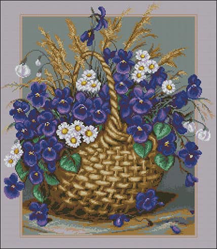 Blue Violets in the basket-cross-stitch pattern