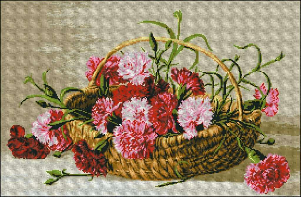 Carnations in a basket-free crocc-stitch pattern