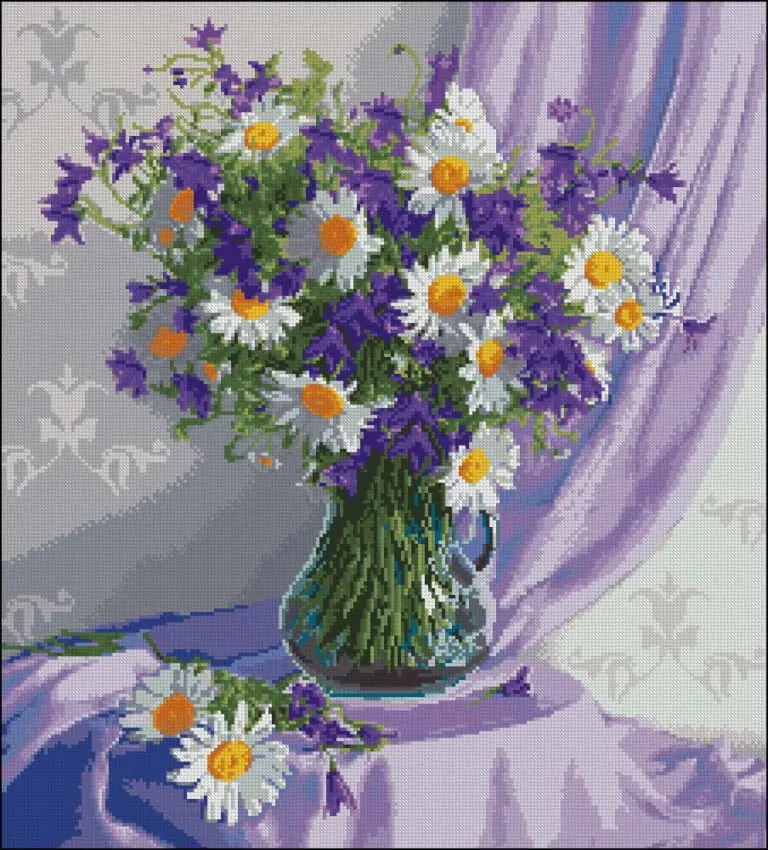 Daisies and bells in a vase- free cross-stitch design