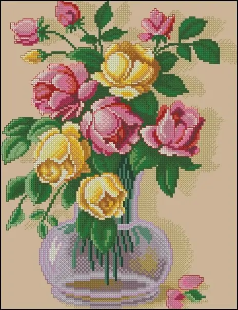 Roses in a glass vase-cross-stitch design