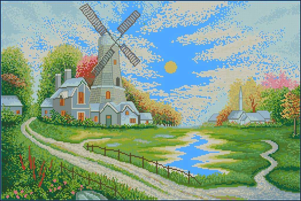 Landscape with a mill-cross-stitch design
