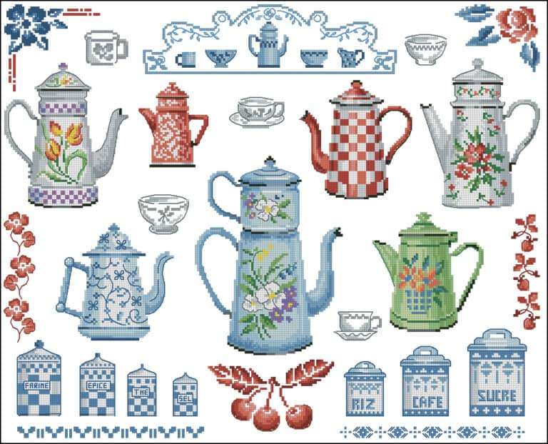 Teapots sampler-cross-stitch design