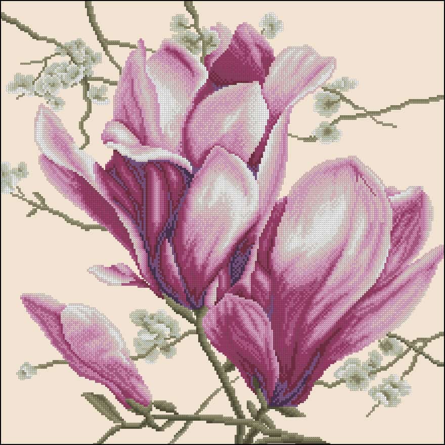 Pink magnolia-cross-stitch design