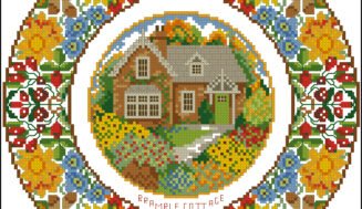 Plate. Cottage. Autumn-cross-stitch design.
