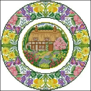 Plate-Cottage Spring-cross-stitch design