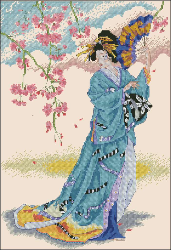 Japanese woman with a fan - free cross-stitch pattern